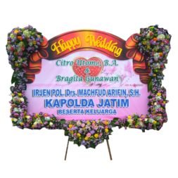 (SDA) Papan Bunga Happy Wedding Banner 2.5 Meter, Bunga 5 Titik (3 Bawah & 2 Kanan Kiri Atas) + Pita Sterofoam Kecil