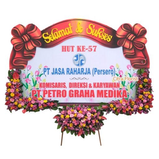 (SDA) Papan Bunga Selamat & Sukses Banner 2.5 Meter, Bunga 3 Titik Bawah & Pita Sterofoam