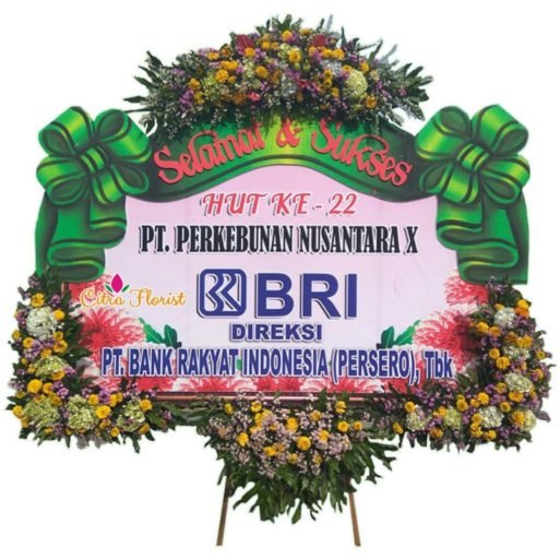 Papan Bunga Selamat & Sukses Banner 2.5 Meter, Bunga 4 Titik (3 Bawah & 1 Atas) + Pita Sterofoam
