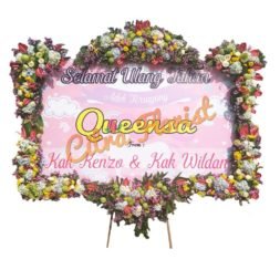 Papan Bunga Selamat & Sukses Banner 3 Meter, Bunga 6  Titik (3 Bawah & 3 Atas) + Pita Sterofoam