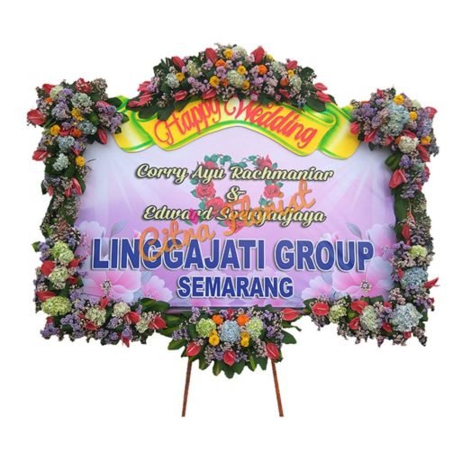 Papan Bunga Happy Wedding Banner 2.5 Meter, Bunga 6 Titik (3 Bawah & 3 Atas) + Pita sterofoam Kecil