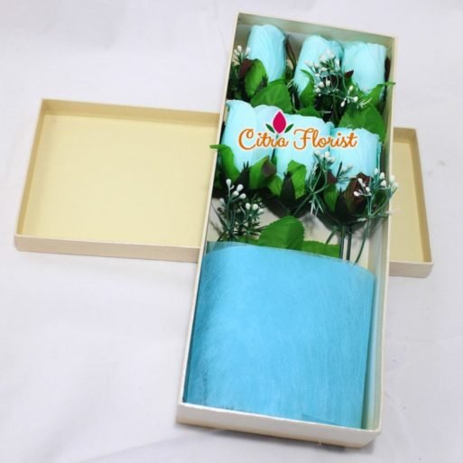 Artificial Flowerbox Blue Roses Rectangle White - Gambar 2