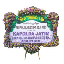 Papan Bunga Duka Cita Banner 2.5 Meter, Bunga 6 Titik (3 Bawah & 3 Atas) + Pita Sterofoam Kecil
