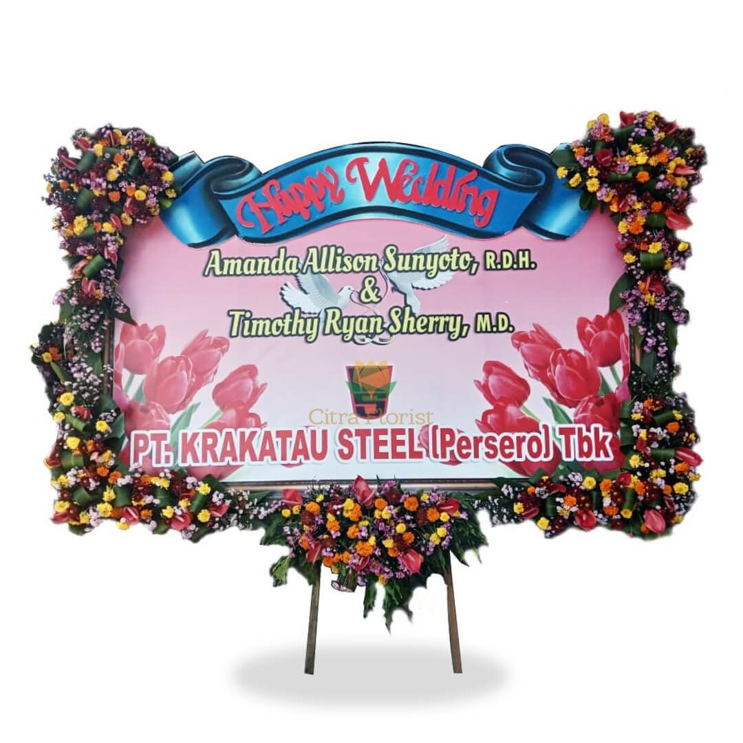 (TBN) Papan Bunga Happy Wedding Banner 3 Meter, Bunga 5 Titik (3 Bawah & 2 Atas) + Pita Sterofoam